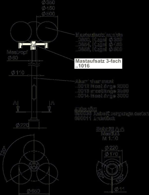 Pole attachment 3-fold Dimensioned drawing Article 681016