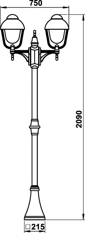 Post lamp 2-light Dimensioned drawing Article 652040, 662040, 682040