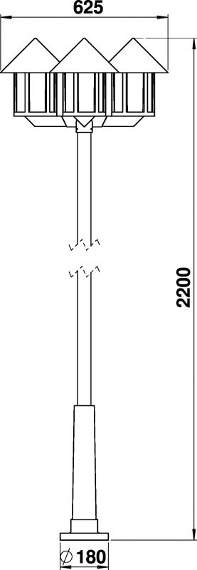 Pole light 3-light Dimensioned drawing Article 652042, 662042, 682042