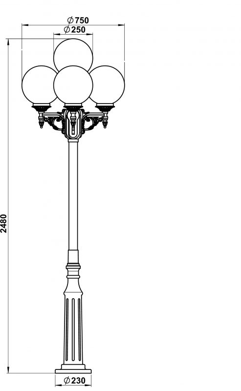 Post lamp 4-light Dimensioned drawing Article 602051, 672051
