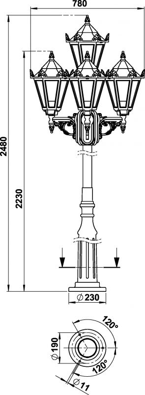 Pole light 4-light Dimensioned drawing Article 602056, 672056