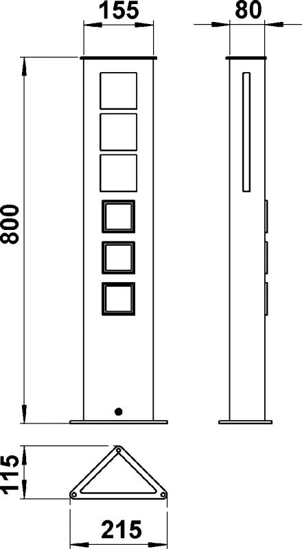 Steckdosenlichtsäule aus Edelstahl, dreiseitig leuchtend Edelstahl Maßzeichnung Artikel 692209