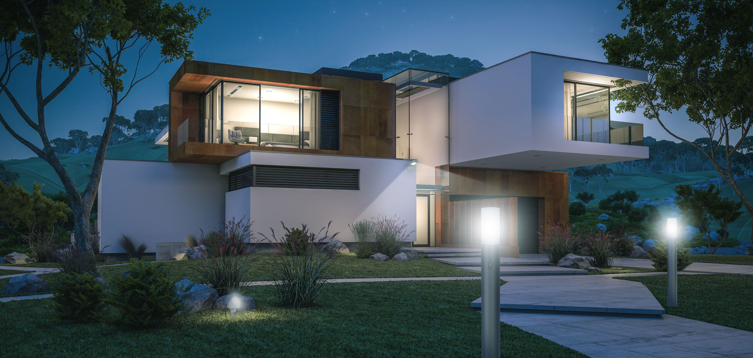 Eine Villa in außergewöhnlichem Stil wird mit LED-Sockelleuchten in Szene gesetzt
