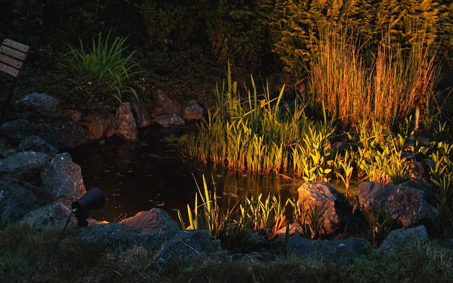 Ein stimmungsvoll beleuchteter Gartenteich in der Dämmerung.