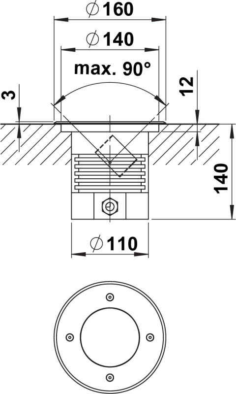 Ground recessed spotlight Silver Dimensioned drawing Article 692175
