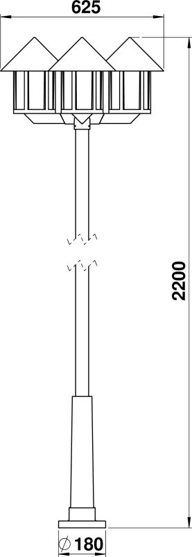 Pole light 3-light Dimensioned drawing Article 652042, 662042, 682042
