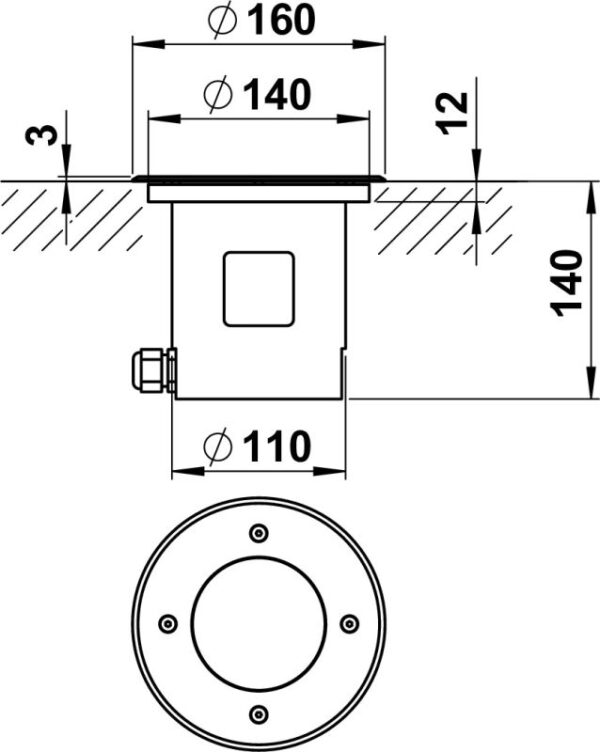 Ground recessed spotlight Silver Dimensioned drawing Article 692172