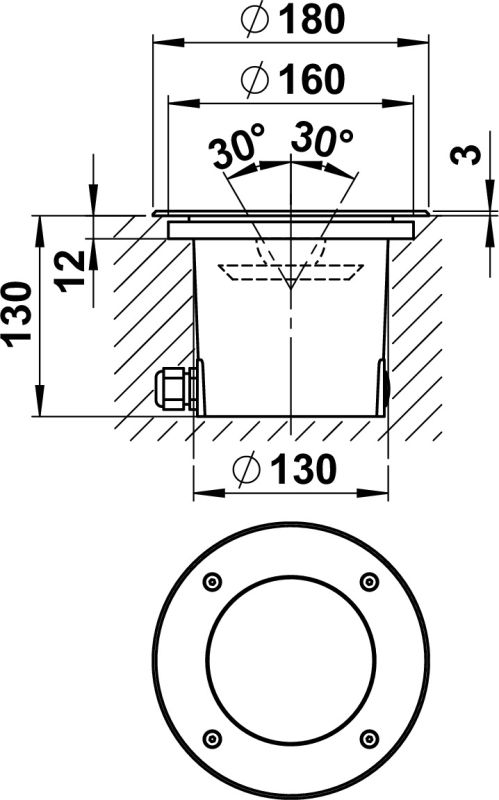 Ground recessed spotlight Silver Dimensioned drawing Article 692317