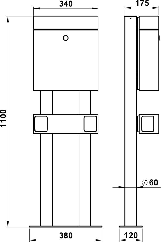 Free-standing letterbox Stainless steel Dimensioned drawing Article 690765