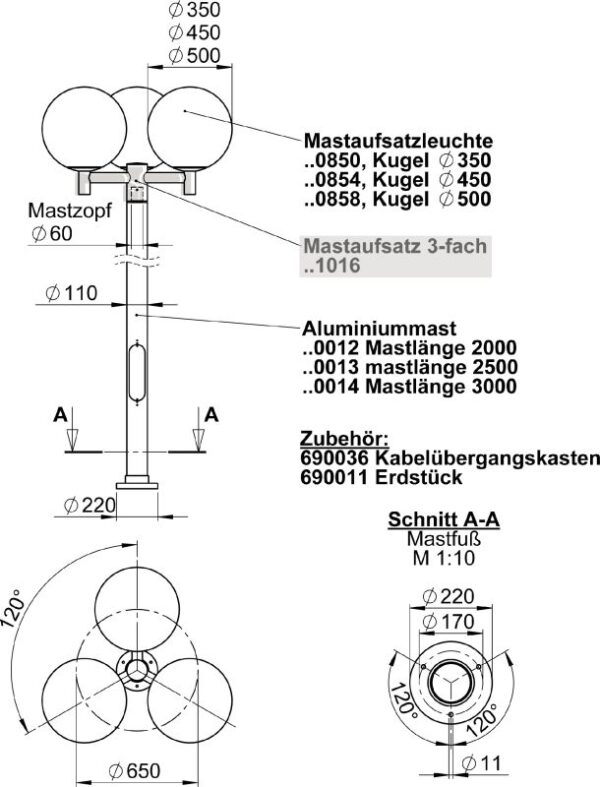 Pole attachment 3-fold Dimensioned drawing Article 681016