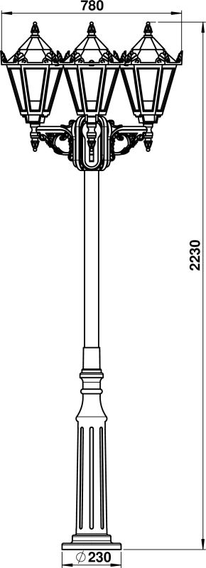 Pole light 3-light Dimensioned drawing Article 602049, 672049