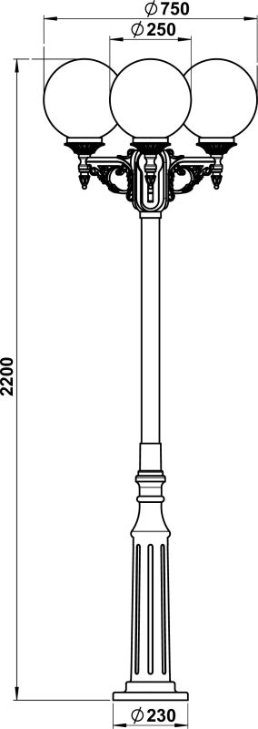Pole light 3-light Dimensioned drawing Article 602050, 672050