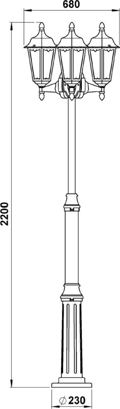 Pole light 3-light Dimensioned drawing Article 652099, 662099, 682099