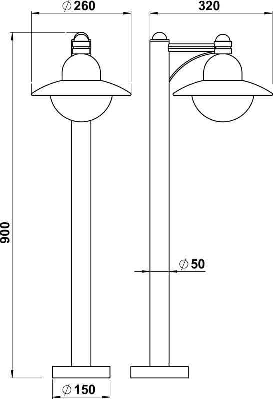 Path light Dimensioned drawing Article 654150, 664150, 684150